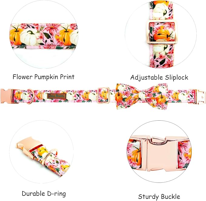 Fall Dog Collar, Pink Flower Pumpkin Print Adjustable Pet Collar Cute Cotton Soft Collars with Bow Tie Metal Buckle Holiday Puppy Collars Boy&Girl Gift for Small Dogs