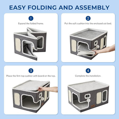 Extra-Wide Cat House for Indoor Cats - Large Cat House for Pet with Fluffy Ball Hanging and Scratch Pad, Foldable Cat Hideaway for Multi Cats, 23x16.5x13 inches, Navy