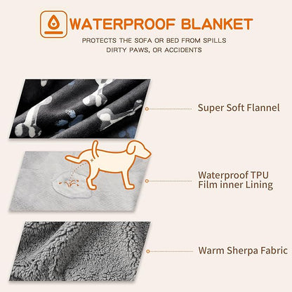 Waterproof Dog Blankets Pet Blanket, Soft Fluffy Sofa Car Bed Protector, Reversible Sherpa Fleece Dog Blanket for Large Dogs (Navy Paws, 60"x80")