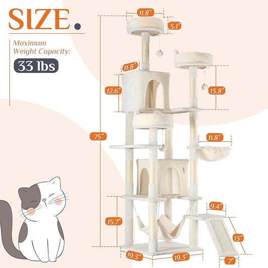 DUMOS Tall Cat Tree 75 Inch, Large Multi-Level Cat Tree Tower with Condo, Perches, Sisal Scratching Posts Board and Hammock, Pet Play House with Dangling Balls for Indoor Cats, Beige