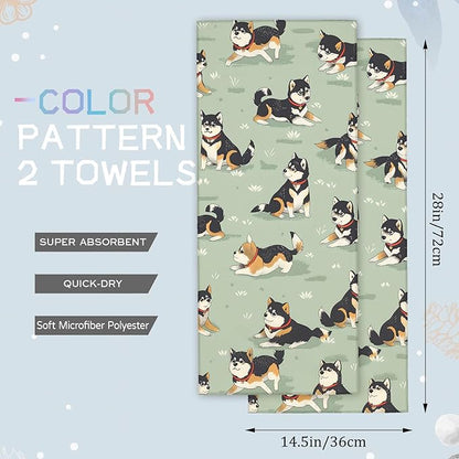 Cute Shiba Inu Hand Towels - 2 Pack, 14.5" X 28",Soft Microfiber Polyester Cartoon Towel Set with Dog-Lover,for Fun Bathroom Kitchen Spa Hotel Decor Gifts Women Girls