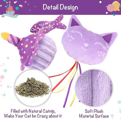 BINGPET Cat Birthday Catnip Toys for Indoor Cats, 5 Pcs Cat Birthday Gift Kitten Interactive Toys for Boy Girl Cats, Soft Plush Catmint Kitty Chew Kick Toy, Hat, Bandana, Balloon, Cake, Fish, Purple