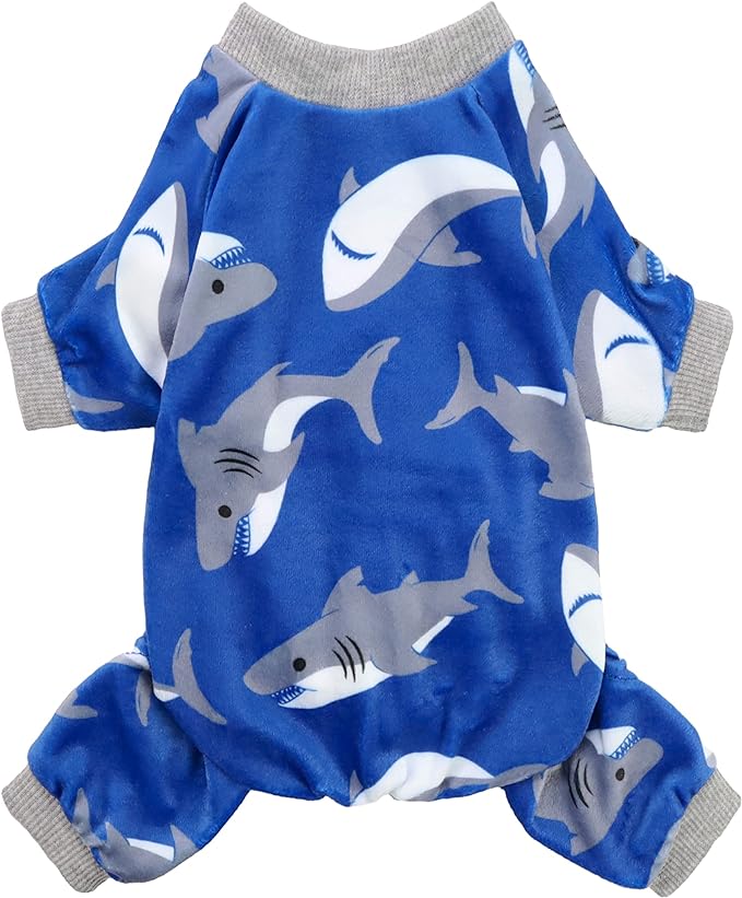 Fitwarm Shark Dog Pajamas, Dog Clothes for Small Dogs Girl Boy, Pet Onesie with Feet, Cat Outfit, Lightweight Velvet, Royal Blue, XL