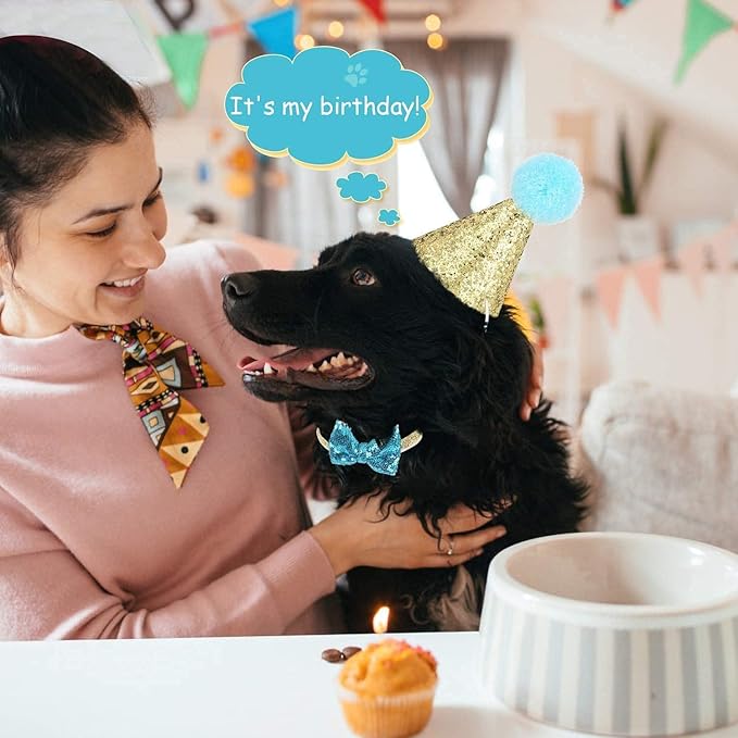 Christmas Pet Party Jazz Hat and Blingbling Bow Tie Breakaway Collar Set, Adjustable Headband for Kitten Puppy Small Dogs Cats (Light Blue+Number)