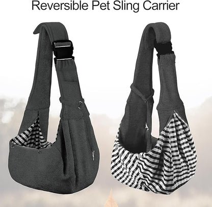 PETLOFT Reversible Dog Cat Sling Carrier, Small Carrier, Adjustable Sling, Hands Free Cross Body Carrier with Collar Hook for Dog/Cat/Bunny up to 11lb (Dark Grey)