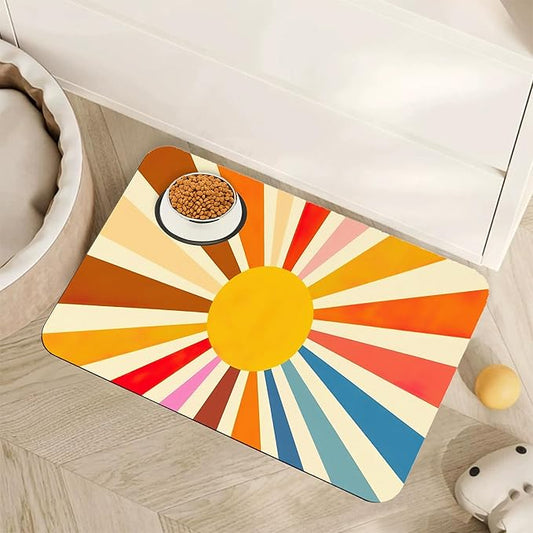 Retro 70s Rainbow Sunrise Swirl Dog Cat Food Mat,Absorbent Pet Feeding Mat for Food and Water, Non-Slip Dog Bowl Mats Floor Protector 12"x20"