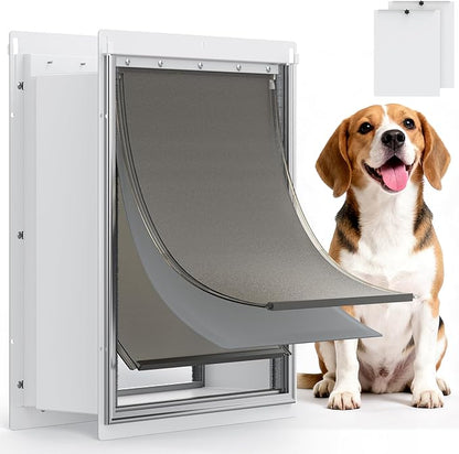 Pet Dog Door for Wall - Robust Steel Pet Door with Magnetic Triple Flaps, 12.6" x 10" Flap Opening, Adjustable Tunnel for 3.4"-6" Thick PVC, Wood, Drywall, for Pets Up to 45lb, White