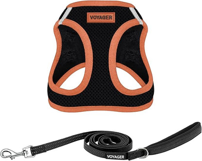 Best Pet Supplies Voyager Step-in Air All Weather Mesh Harness and Reflective Dog 5 ft Leash Combo with Neoprene Handle, for Small, Medium and Large Breed Puppies - Black/Orange Trim, X-Large