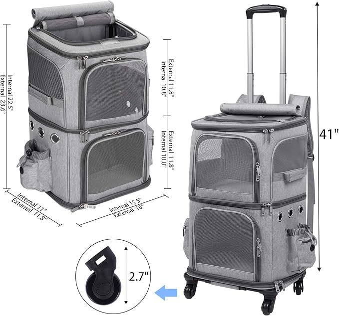 Extra Large Double-Compartment Pet Carrier Backpack with Wheels for Small Dogs and Cats, Cat Rolling Carrier for 2 Cats, Perfect for Traveling/Taking a Walk/Trips to The Vet, Grey