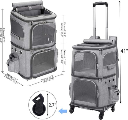 Extra Large Double-Compartment Pet Carrier Backpack with Wheels for Small Dogs and Cats, Cat Rolling Carrier for 2 Cats, Perfect for Traveling/Taking a Walk/Trips to The Vet, Grey