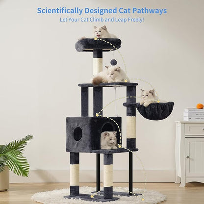 Heybly Cat Tree, 49.2 Inches Cat Tower for Indoor Cats, Spacious Cat House Condo with Hidden Space，Sturdy Steel Tube，Soft Plush Top Perch，Cozy Hammock and Sisal Scratching Posts, Smoky Gray HCT200SG