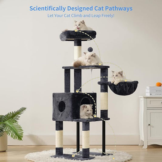 Heybly Cat Tree, 49.2 Inches Cat Tower for Indoor Cats, Spacious Cat House Condo with Hidden Space，Sturdy Steel Tube，Soft Plush Top Perch，Cozy Hammock and Sisal Scratching Posts, Smoky Gray HCT200SG