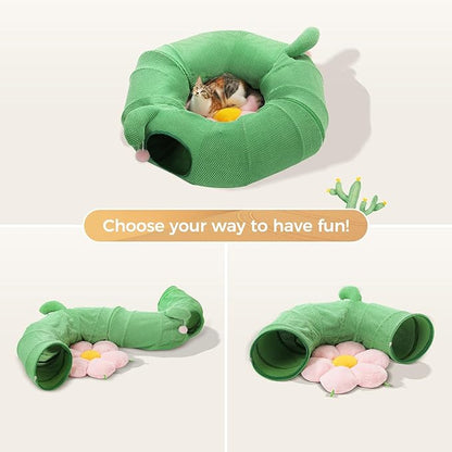 PEQULTI Cat Tunnel with Bed for Indoor Cats, Cat Play Donut Tunnel with Washable Soft Plush Flower Mat, Round Tube Toys Cute Tube for Kittens, Puppies, Rabbits and Ferrets, Green&Pink