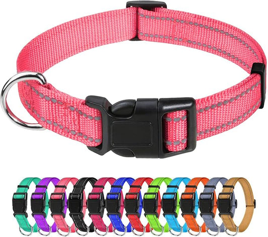 TagME Reflective Nylon Dog Collars, Adjustable Classic Pet Collar with Quick Release Buckle for Small Dogs, Baby Pink, 3/4" Width