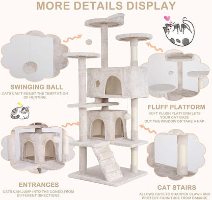 Heavy Duty Cat Tree Tower, 54" Tall Cat Tower for Indoor Cats with Cat Scratching Post with Bed, Cat Condo, Hanging Ball, Multi-Level Cat Climbing Tower Cat Trees Furniture Activity Center, Beige