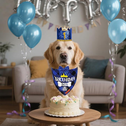 ADOGGYGO Dog Birthday Hat Bandana - Navy Blue Birthday Boy Dog Bandana Pet Party Hat with Numbers Bow and Happy Birthday Banner Set (X-Large)