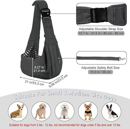 PETLOFT Reversible Dog Cat Sling Carrier, Small Carrier, Adjustable Sling, Hands Free Cross Body Carrier with Collar Hook for Dog/Cat/Bunny up to 11lb (Dark Grey)