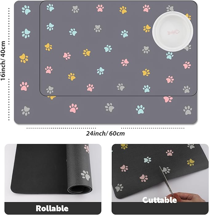 Cat Food Mat Absorbent Dog Mat for Food and Water Non Slip Quick Dry Dog Bowl Mats for Floors 24" X 16" Paw Light Gray
