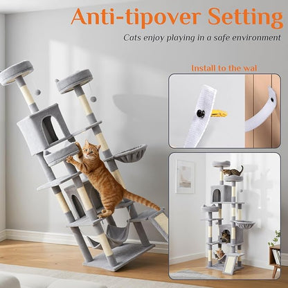 Sweetcrispy Cat Tree 75 Inch, Large Multi-Level Tall Cat Tree Tower with Condo, Perches, Sisal Scratching Posts Board and Hammock, Pet Play House with Dangling Balls for Indoor Cats, Light Grey