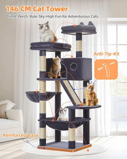 Taoqimiao Cat Tree 57.5-Inch, Cat Tower for Indoor Cats Large Adult, Extra Large Cat Condo, 8 Sisal Scratching Posts, Metal Frame Cozy Hammock, Durable Scratch Board, 2 Top Perches, Smoky Gray MS026G