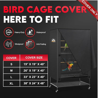 Zettum Bird Cage Cover - 600D Bird Cage Covers for Night Heavy Duty & Waterproof, Fade-Resistant Pet Bird Cage Cover Accessory for Parakeet, Parrot, Cockatiel and More Finches - 26 x 19 x 40 Inch