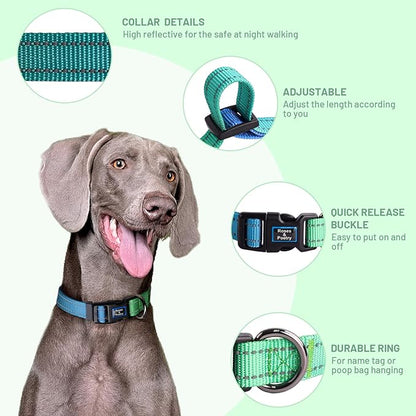 Roses&Poetry Large Dog Collar, Adjustable Reflective Durable Pet Collars for Small Medium Large Dogs (Bluegreen-L)