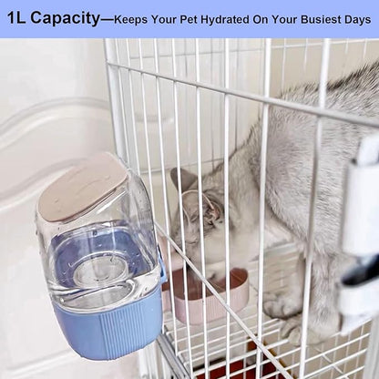 35oz Rabbit Water Bottle, Pet Hanging Automatic Water Dispenser for Small Animal Ferret Guinea Pig Chinchilla Dog Cat (Cage Grid Spacing 1.1''-2.1'') (Blue-Pink)