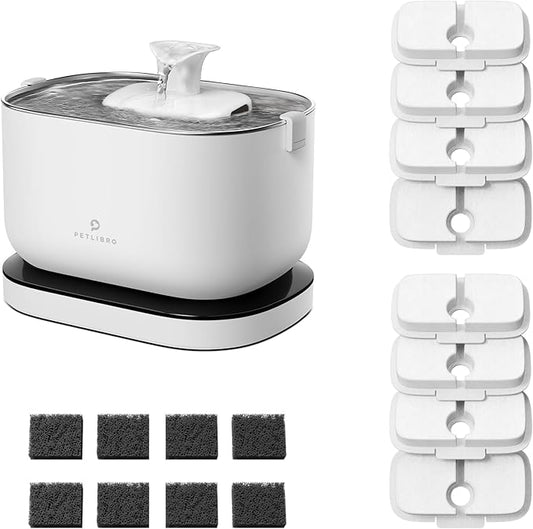 Cordless Pet Water Fountain Battery Operated + 8 Packs Replacement Filters for Dockstream Cat Water Fountain WF005 WF115 WF105, 4 Months Set of Replacement Filters