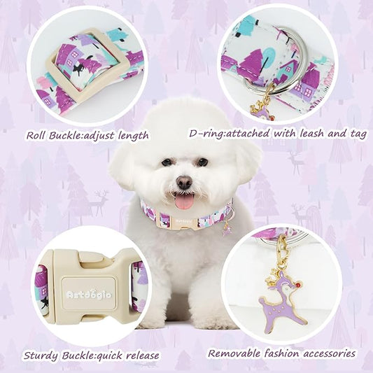 Winter Wonderland Dog Collar for Small Dogs，Adjustable White Puppy Collar with Purple Pink Teal Pine Tree, Deer and Cabin Line Art, for Daily Walks, Photos & Seasonal Adventures - M