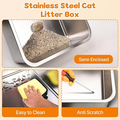 Stainless Steel Litter Box with Lid, 6” Deep Pan, Extra Large Litter Box for Big Cats, Anti-Leakage, Odor Free, Front & Top Dual Entry, Includes Litter Mat & Metal Scoop
