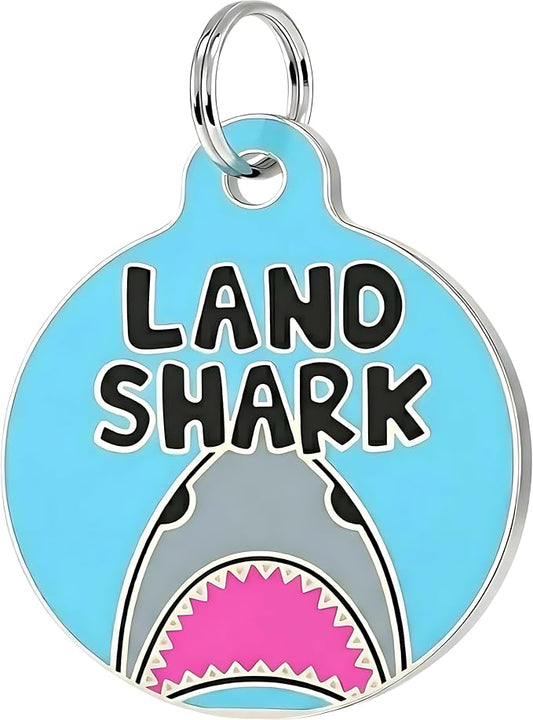 Bad Tags Personalized Dog and Cat ID Tags in 25+ Designs and 2 Sizes - 5 Lines of Custom Engraved Text - Funny Cute Personalized Pet Tags (Land Shark, Small (1 inch))
