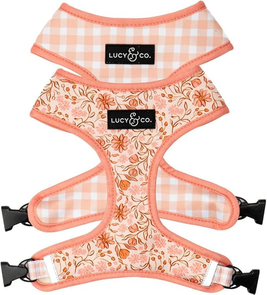 Lucy & Co. Cute Reversible Dog Harness Walking Halter - Best Designer Pet Harnesses for XS - XL Dogs - Padded Adjustable Vest for Easy Walking-Large-Peach Pink Floral Plaid
