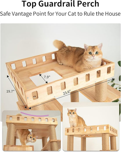 74" Wooden Cat Tree Tower for Large Cats, Multi-Level Cat Climbing Furniture with Scratching Posts, Cat Condo & Hammock, Natural Wood Cat Activity Center(Brown)