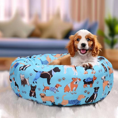 Round Replacement Dog Bed Covers Elastic Edged Washable Pet Bed Protector with Cute Dog Pattern Design for Small & Medium Pet Beds, Cover Only (Blue, 20×9.8 Inch)