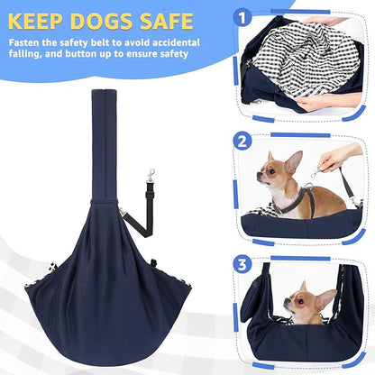 SlowTon Dog Carrier Sling - Thick Padded Shoulder Strap Adjustable Dog Carriers for Small Dogs, Puppy Carrier Purse for Pet Cat with Front Zipper Pocket Safety Belt Machine Washable (Navy Knitted, S)