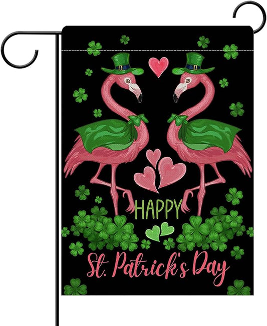 Dyrenson Happy St Patricks Day Flamingo Decorative Garden Flag, Lucky Shamrock Clover Black Yard Outside Home Decorations, Spring Irish Love Hearts Burlap Outdoor Small Decor Double Sided 12 x 18