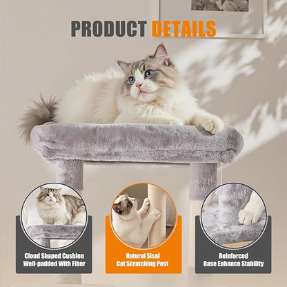 Large Cat Tree 63 Inch, Multi-Level Tall Cat Tree Tower with Condo, Perch, Sisal Scratching Posts Board and Hammock, Pet Play House with Dangling Balls for Indoor Cats, Light Grey