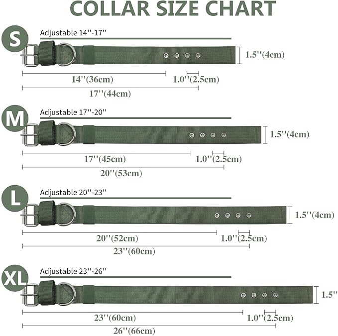 Heavy Duty Tactical Dog Collar - 1.5" Width Military Durable Thick Nylon with Adjustable Metal D Ring & Buckle Working Training K9 Collar for Medium Large Dogs (XL(23"-26"), Army Green)