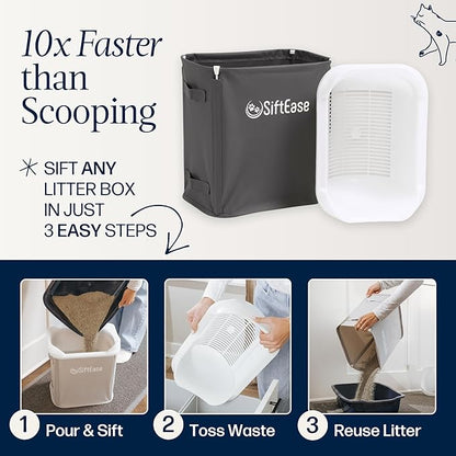 Cat Litter Sifter - SiftEase Litter Box Sifting, Fast & Easy Scoop Free Cleaner, Large Sifter with Bin for Longer Lasting Litter (Dark Grey)