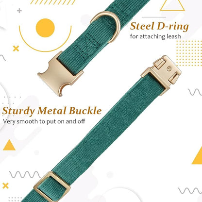 Soft Cotton Dog Collar with Metal Buckle Adjustable Heavy Duty Comfy Corduroy Collars for Small Medium Large Dogs,Dark Green,Small
