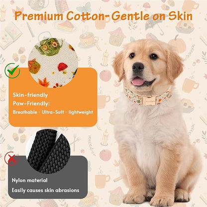Autumn Dog Collar，Soft Cotton Handmade Pet Collar with Autumn Tea Party Design for Small Medium Large Dogs, Adjustable Collars for Fall Walks，Tea-Time Adventures & Fireside Snuggles -S