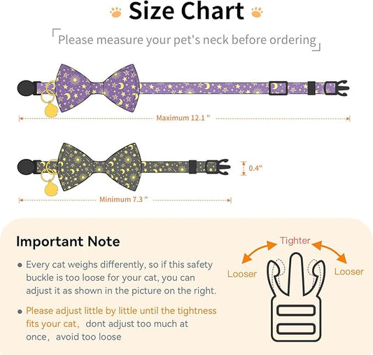 2 Pack Cotton Cat Collar with Bow Tie and Bell for Girl Boy Cats,Cute Pink Flamingo and Blue Whale Pattern Spring Summer Breakaway Cat Collar for Male Female Cats (Moon)