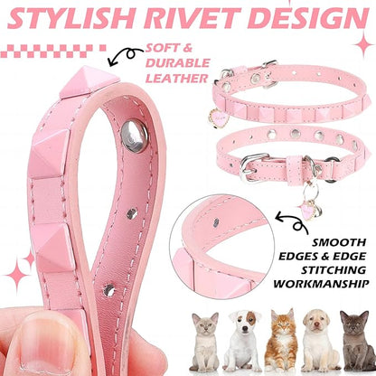 EXPAWLORER Halloween Leather Cat Collar - Adjustable Pet Collar with Rivet Spike for Girl Boy Cats, Punk Accessories with Bell & Durable D-Ring,Pink Square Nails