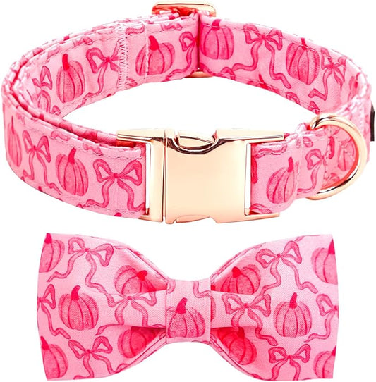Dog Collar, Pink Pumpkin Print Adjustable Pet Collar Cute Cotton Soft Collars with Bow Tie Fall Metal Buckle Holiday Puppy Collars Boy&Girl Gift for Small Dogs