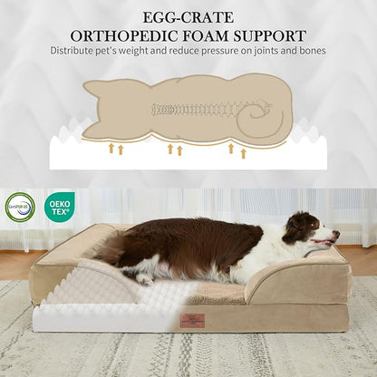 Comfort Expression Orthopedic Dog Bed for Large Dogs 35x22 Inch, Waterproof Supportive Egg Crate Foam Large Pet Bed with Removable Bolster, Dog Couch with Washable Cover & Non-Slip Bottom, Light Brown
