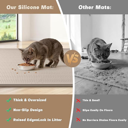 47" x 35" Silicone Cat Food Mat, Waterproof Pet Feeding Mat with Raised Edge, Extra Large Cat Bowl Mat Water Bowl Placemats for Cats, Non-Slip, Protects Floors, Easy to Clean (Beige
