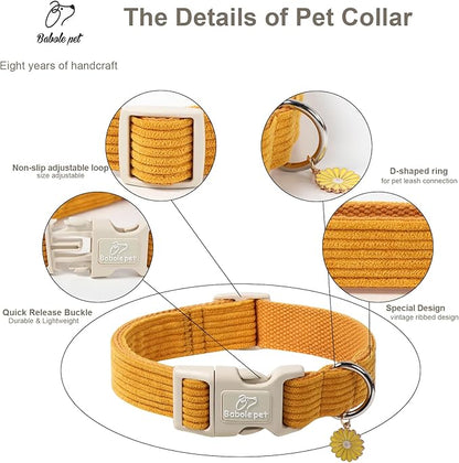 Cute Corduroy Dog Collar - Mustard Yellow Adjustable Dog Collars for X-Large Dogs 80+lbs, Fade-Proof with Secure Snap & Little Charm, Christmas Birthday Gift, XL