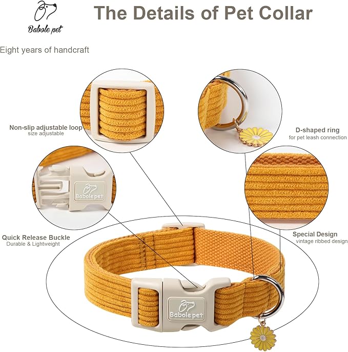 Cute Corduroy Dog Collar - Mustard Yellow Adjustable Dog Collars for Medium Dogs 25-50lbs, Fade-Proof with Secure Snap & Little Charm, Christmas Birthday Gift, M