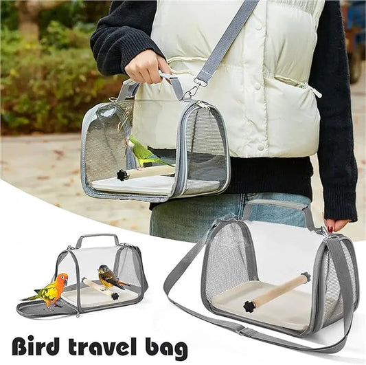 Portable Bird Travel Carrier for Small Birds and Parrots - Wooden Cage with Side Perch, and Mesh Window Accessory