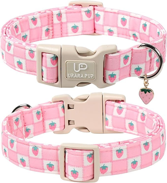 Spring Dog Collar, UP URARA PUP Strawberry Collars in Pink Checkered Adjustable Pet Collar with Quick Release, Daily Dog Accessories for Small Medium Large Dogs